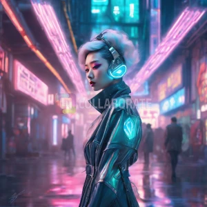 A 2050s cyberpunk fashion ensemble